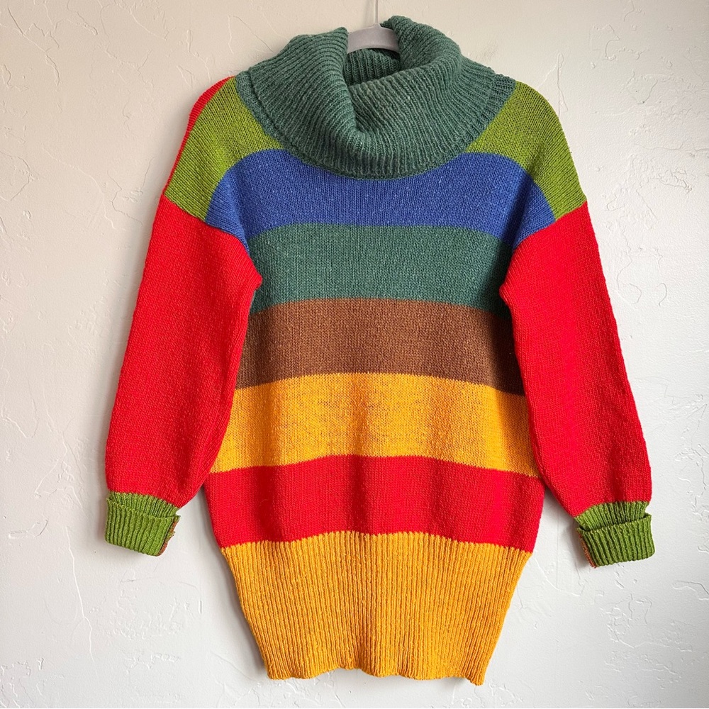Vintage 80s French Dorothee Bis‎ Wool Colorblock Stripe Turtleneck Sweater Small